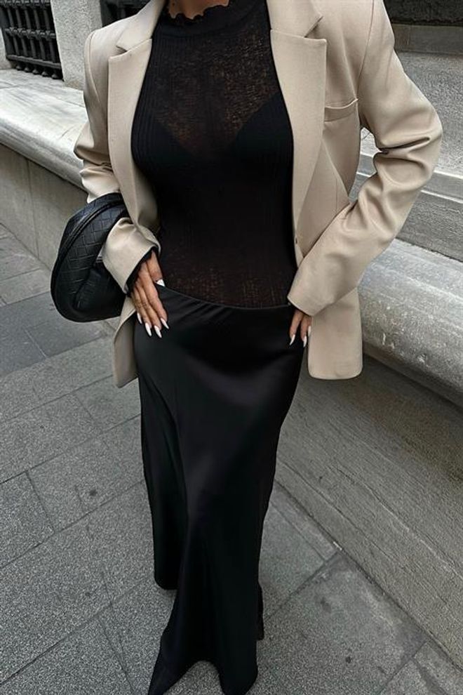 Sobe Istanbul Jupe Longue En Satin Noir Vêtements en gros Anniversaire