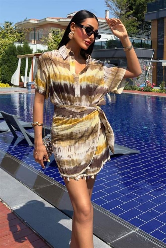 Sobe Istanbul Smėlio Spalvos Tie Dye Mini Sijonas Rinkinys Didmeninė prekyba drabužiais Kokteilinė