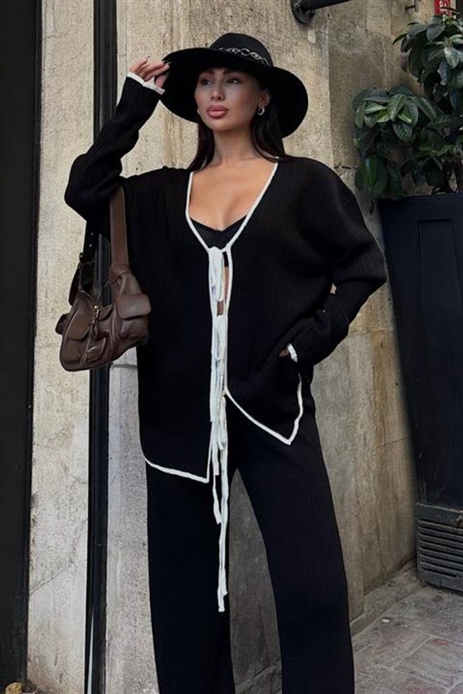 Sobe Istanbul Stylisches Doppelstrick Set – Schwarz Und Ecru Großhandelskleidung Lässig