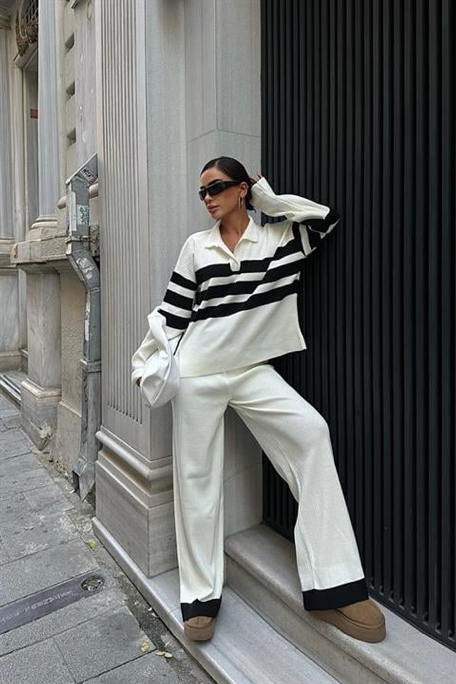 Sobe Istanbul Gestreiftes Strick Hosen Pullover Set – Ecru Großhandelskleidung Lässig