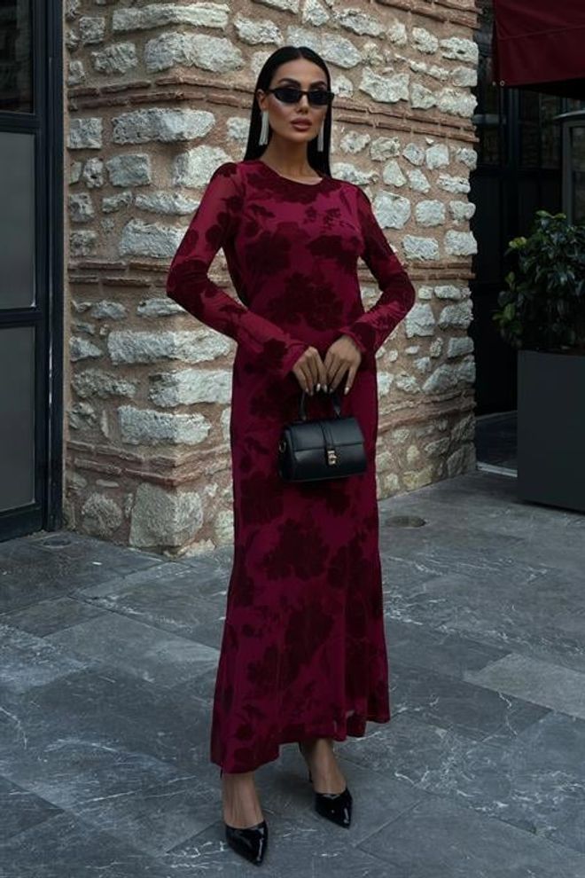 Sobe Istanbul Obleka Brez Hrbta Z Žametnim Potiskom Oblačila na debelo Eleganten