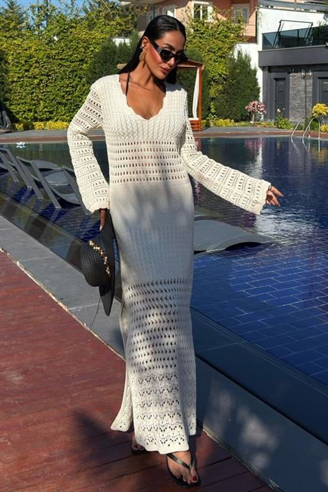 Sobe Istanbul Jurk Met Opengewerkte Gedetailleerde Spaanse Mouwen Ecru Groothandel Kleding Casual