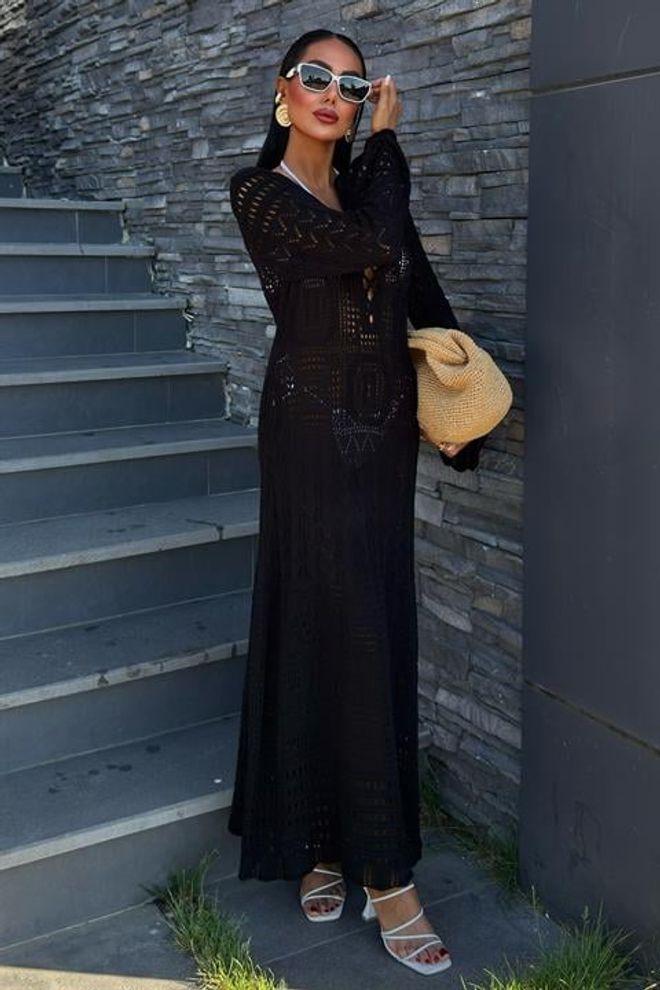 Sobe Istanbul Brit Detailed Openwork Obleka Črna Oblačila na debelo Ležerno