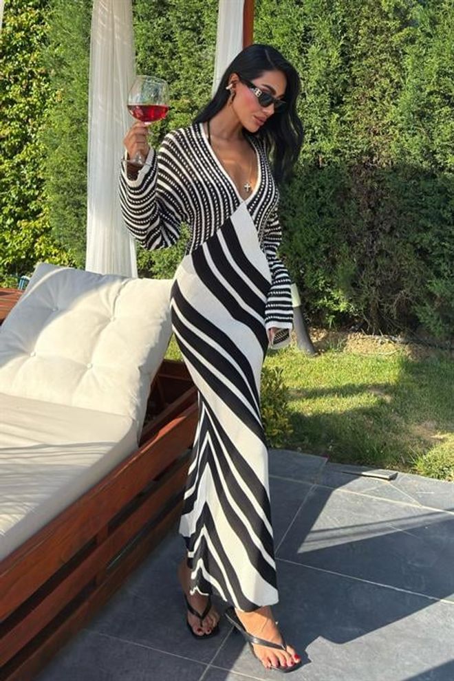 Sobe Istanbul Stripe Combination V Neck Dress Multicolor Wholesale Clothing Casual