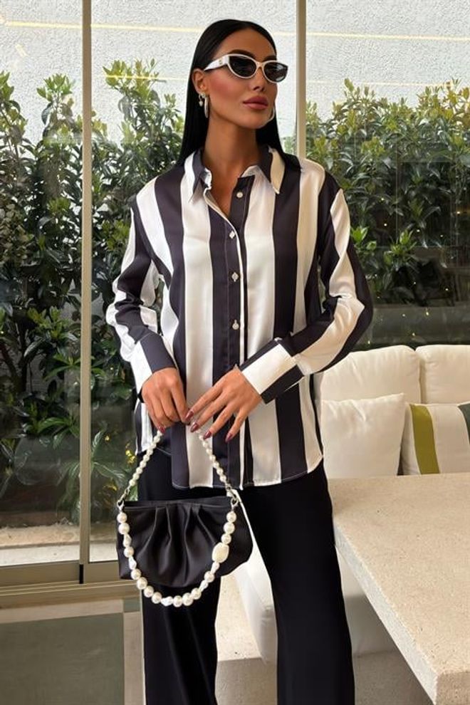 Sobe Istanbul Szyfonowa Koszula Satynowa W Paski Wielokolorowa Hurtowa sprzedaż odzieży Elegancki