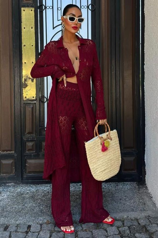 Sobe Istanbul Bridget Cardigan Set Mit Lochmuster Lang Burgunderrot Großhandelskleidung Lässig