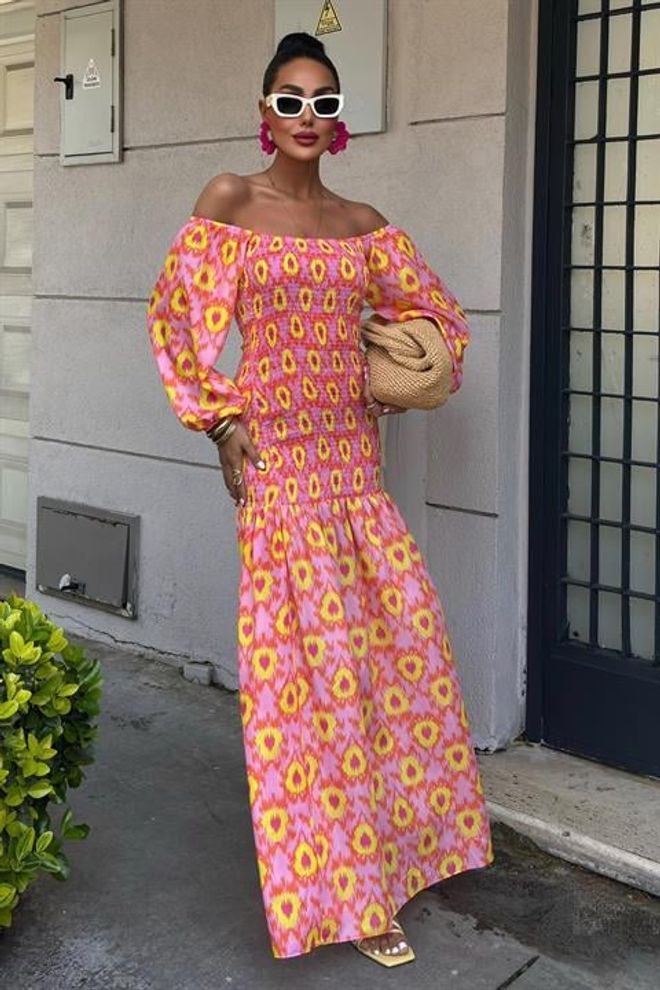 Sobe Istanbul Gemustertes Kleid Mit Madonna Kragen Und Gipedetail Großhandelskleidung Elegant
