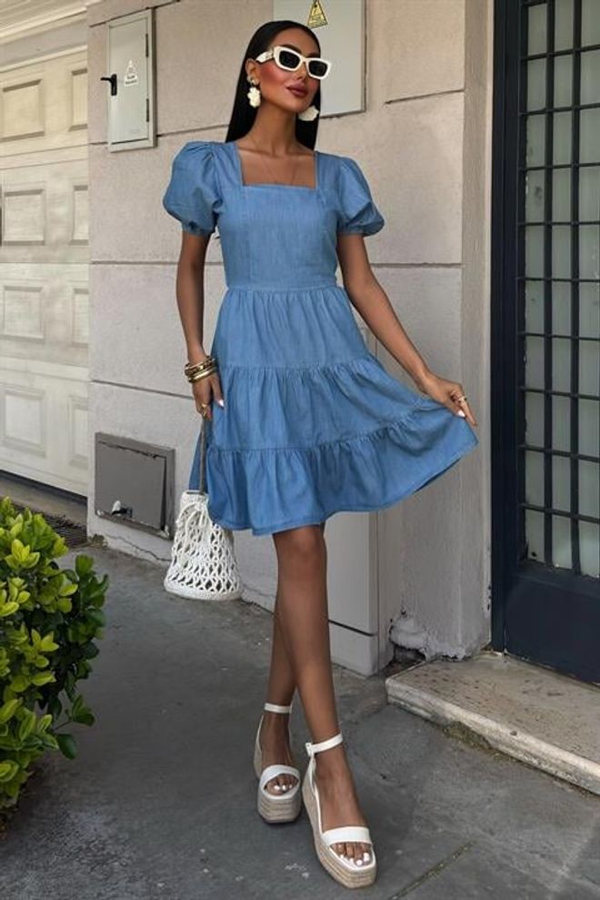 Sobe Istanbul Tenselkleid Mit Eckigem Ausschnitt Und Hüftdetail Großhandelskleidung Lässig