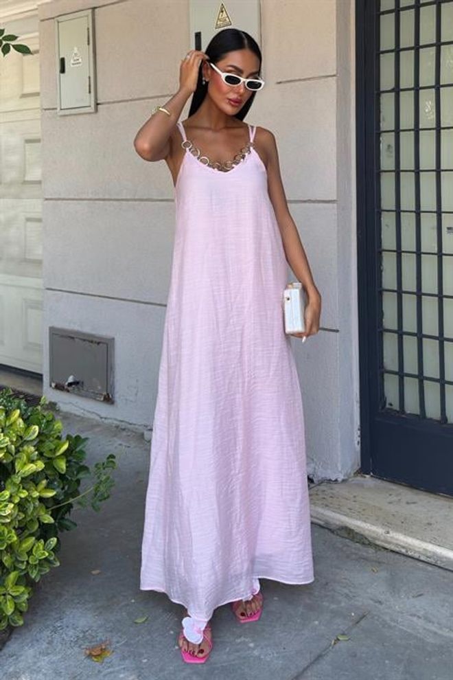Sobe Istanbul Pink Sleeveless V Neck Floor Length Slip Dress Wholesale Clothing Casual
