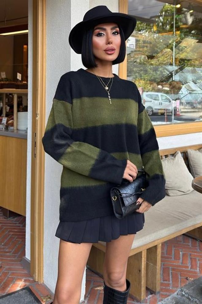 Sobe Istanbul Μαύρο Πουλόβερ Oversized Fit Χρωματικό Μπλοκ Casual Χονδρικό εμπόριο ενδυμάτων Casual