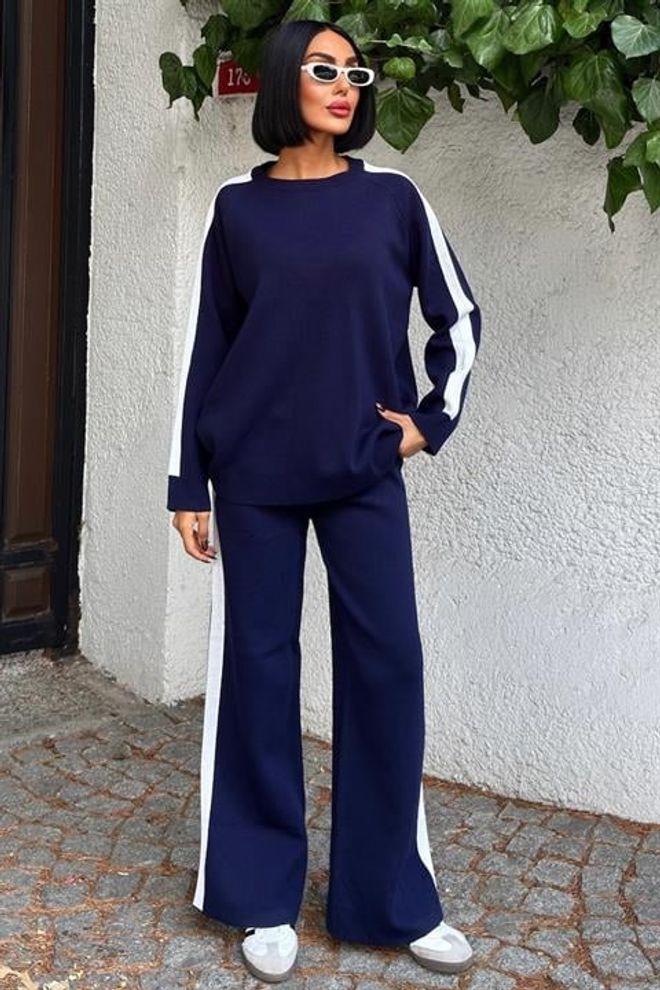 Sobe Istanbul Σετ Μπλε Μαρέν Casual Αθλητικό Με Παντελόνι Bootcut Χονδρικό εμπόριο ενδυμάτων Απλό