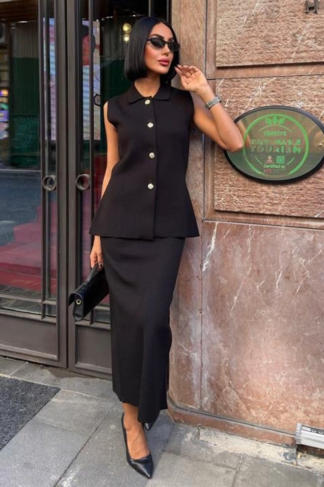 Sobe Istanbul Elegantes Schwarzes Set Mit Maxi Bleistiftrock Großhandelskleidung Modest