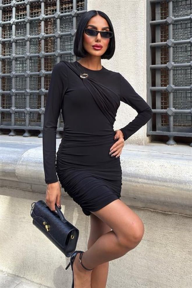 Sobe Istanbul Siyah Seksi Zarif Resmi Işıltılı Bodycon Mini Elbise Toptan Giyim Seksi