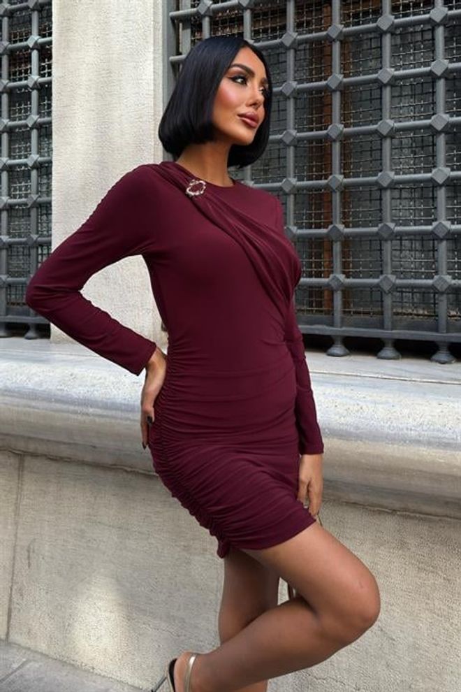 Sobe Istanbul Bordeaux Sexy Elegante Bodycon Mini Vestito Abbigliamento all'ingrosso Sexy