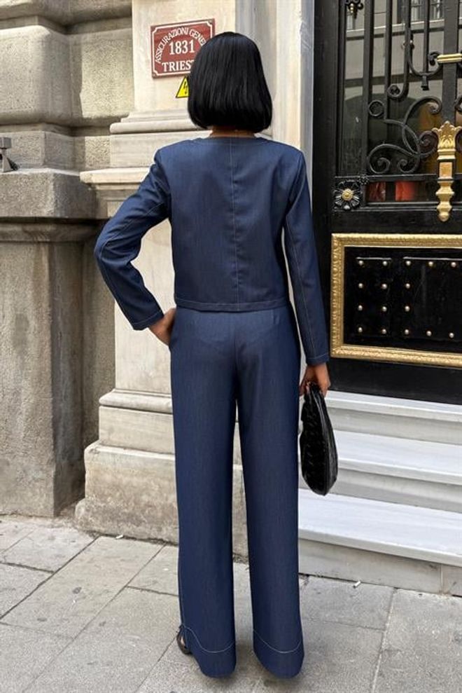Sobe Istanbul Μπλε Κομψό Σετ Με Patch Pocket Και Palazzo Παντελόνι Χονδρικό εμπόριο ενδυμάτων 5