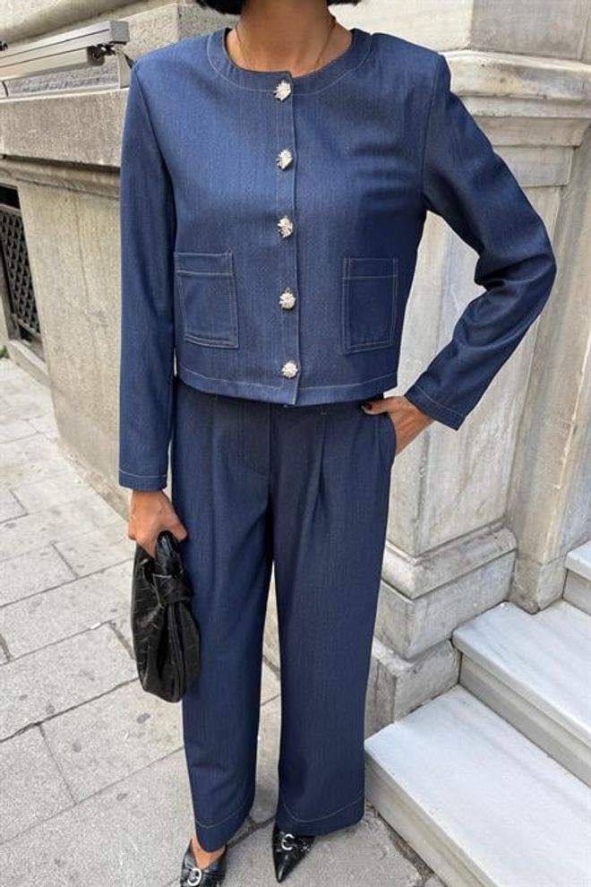 Sobe Istanbul Μπλε Κομψό Σετ Με Patch Pocket Και Palazzo Παντελόνι Χονδρικό εμπόριο ενδυμάτων Κοκτέιλ