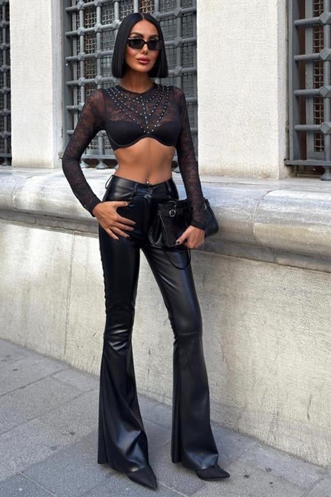 Sobe Istanbul Calças Bootcut Pretas Com Perna Alargada E Botões Roupas por atacado Cocktail