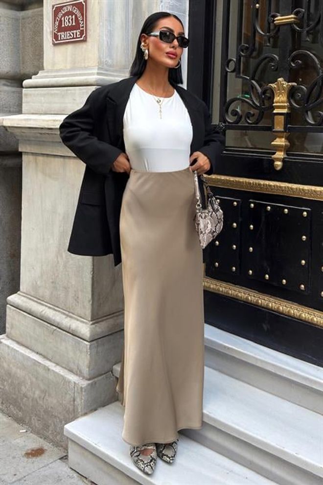 Sobe Istanbul Jupe Slip Maxi Beige Taille Haute Fermeture À Tirette Sans Poche Vêtements en gros 4