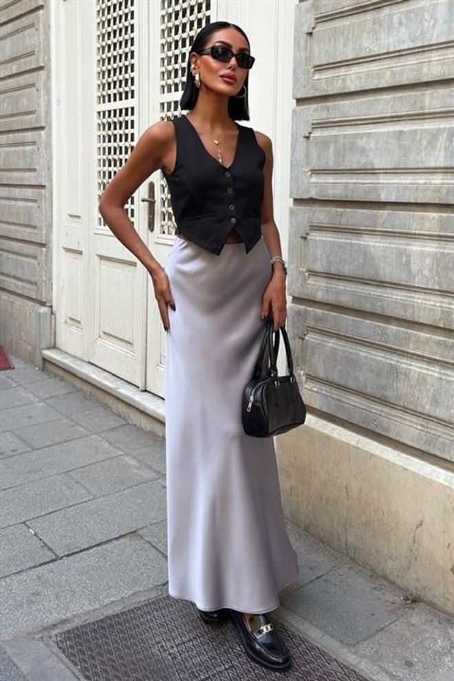 Sobe Istanbul Jupe Slip Maxi Élégante Argentée Vêtements en gros Polyester
