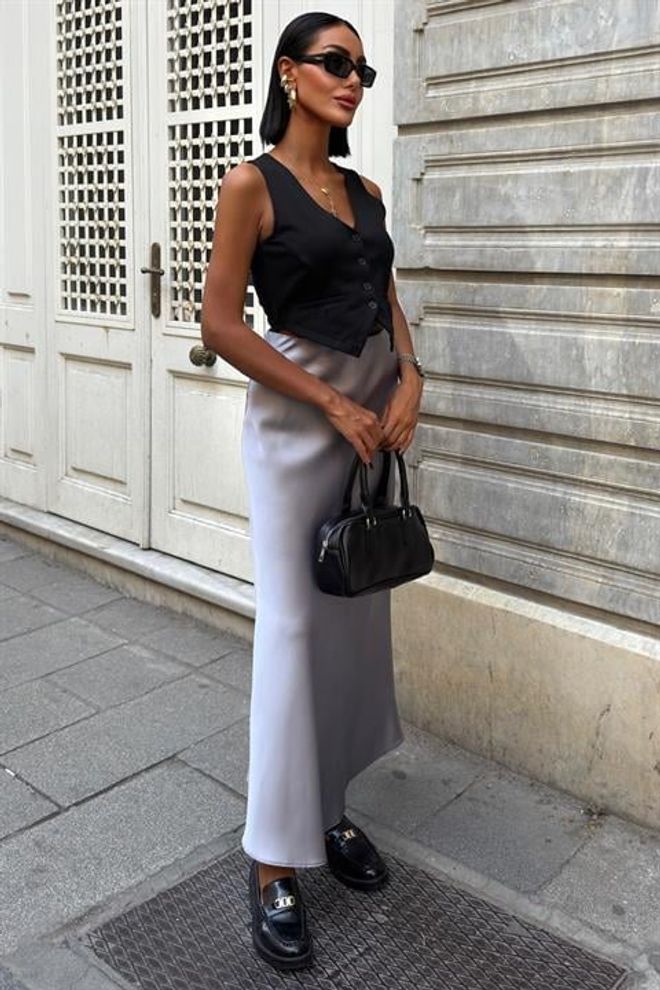 Sobe Istanbul Jupe Slip Maxi Élégante Argentée Vêtements en gros Hiver