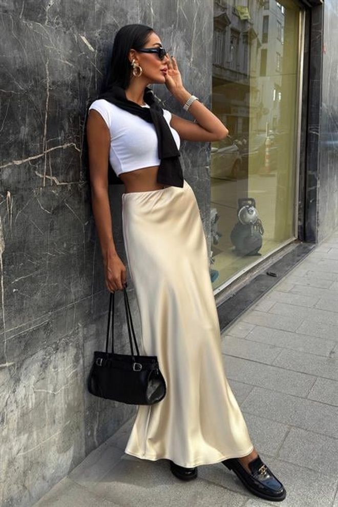 Sobe Istanbul Jupe Slip Maxi Beige À Taille Moyenne Décontracté Et Élégante Vêtements en gros Travail