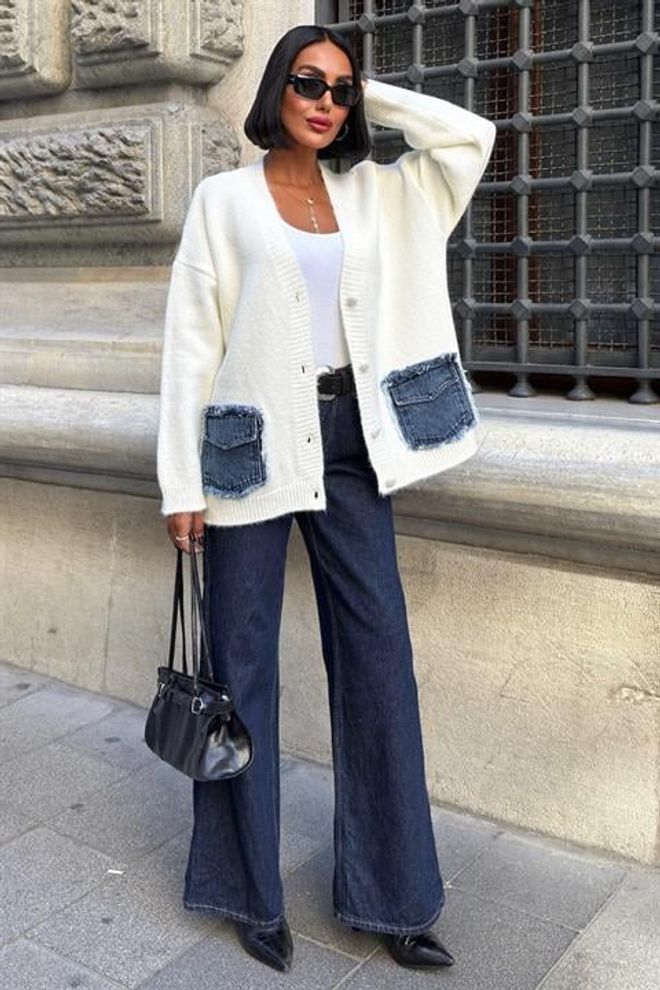 Sobe Istanbul Cardigan Bianco Casual Oversize Con Bottoni E Tasche Con Patta Abbigliamento all'ingrosso Casuale