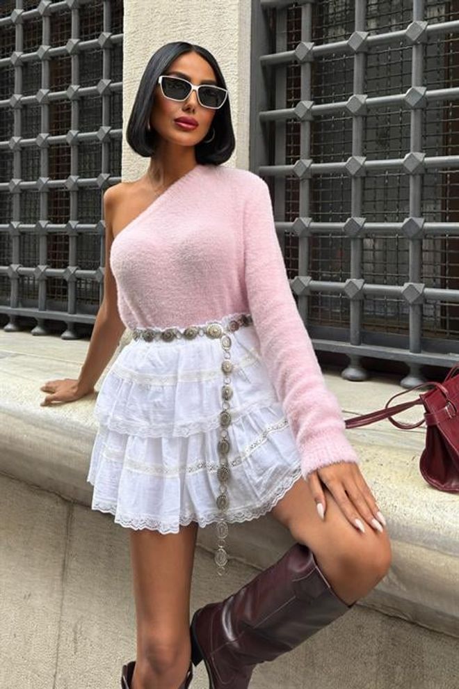 Sobe Istanbul Pink Fitted One Shoulder Neck Sweater Wholesale Clothing Casual