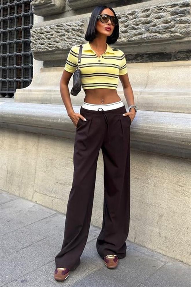 Sobe Istanbul Bruine Palazzo Broek Met Wijde Pijp En Koord Groothandel Kleding Casual