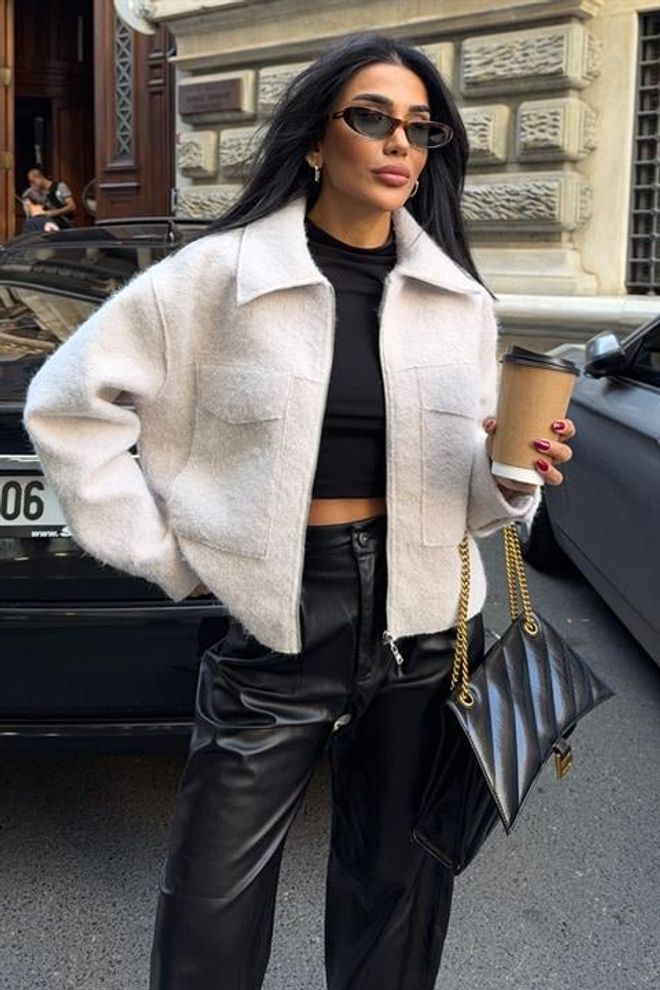 Sobe Istanbul Μπεζ Μπουφάν Oversized Με Φερμουάρ Shacket Χονδρικό εμπόριο ενδυμάτων Casual
