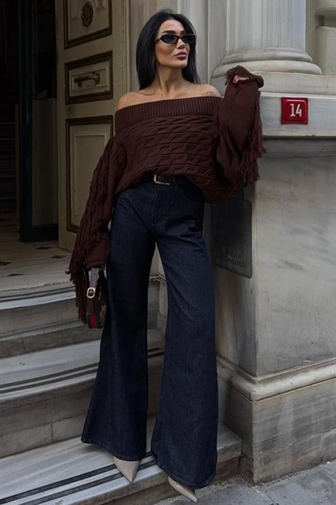 Sobe Istanbul Brown Oversized Fit Sweater With Off Shoulder Neck Χονδρικό εμπόριο ενδυμάτων undefined