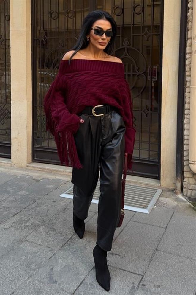 Sobe Istanbul Μπορντό Πουλόβερ – Μεγάλα Μεγέθη Off Shoulder Χονδρικό εμπόριο ενδυμάτων Casual