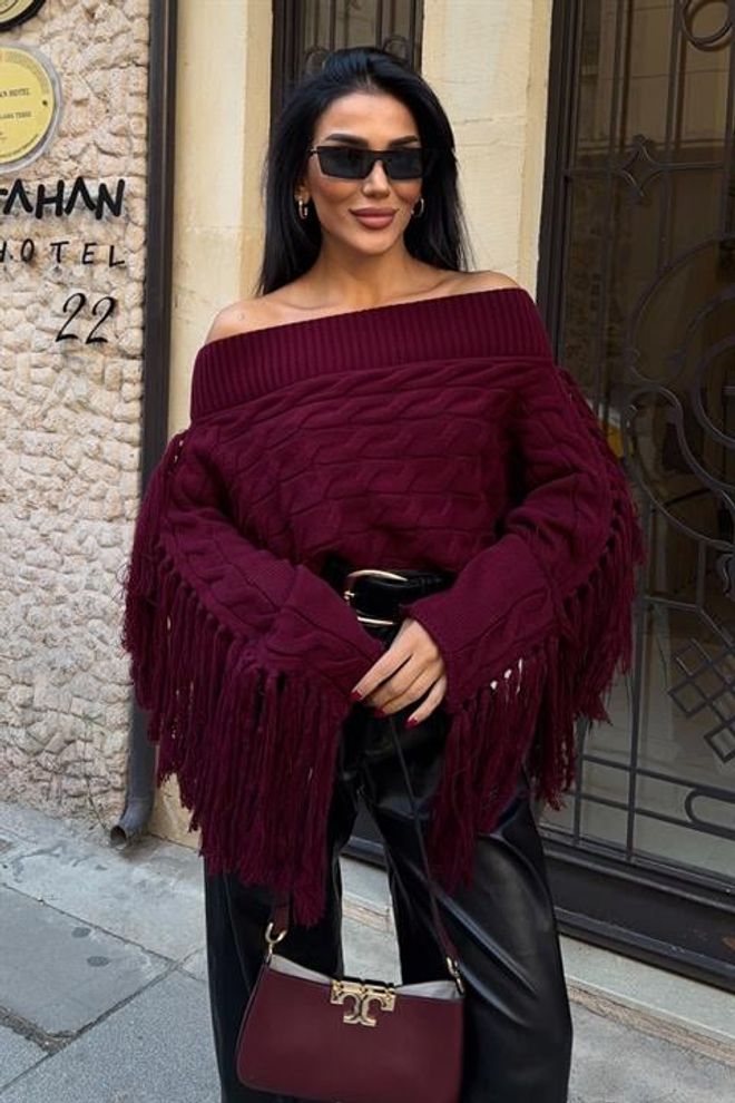 Sobe Istanbul Megztinis Tamsiai Raudona – Pečių Atidengimas Oversize Didmeninė prekyba drabužiais Flisinis švarkas