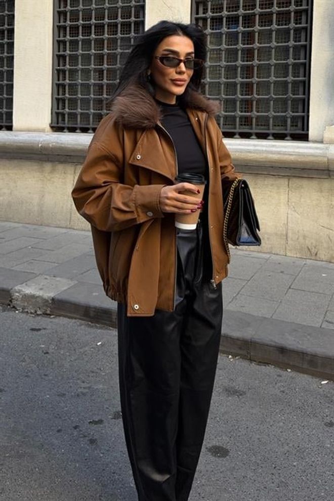 Sobe Istanbul Brown Oversized Fit Bomber Jacket Wholesale Clothing Casual
