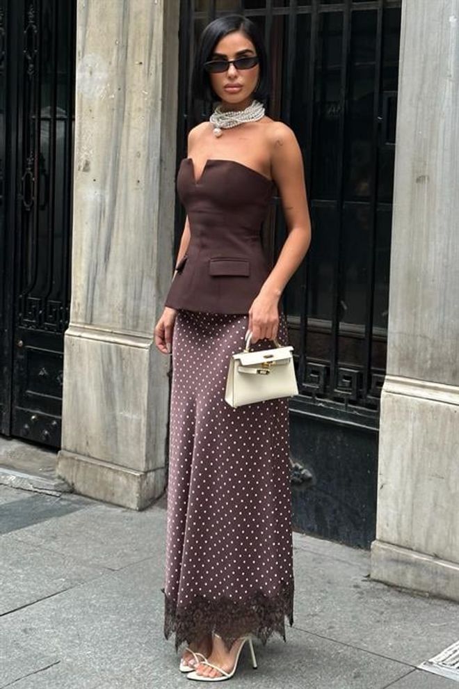Sobe Istanbul Brown Polka Dot Slip Maxi Skirt Wholesale Clothing Sexy