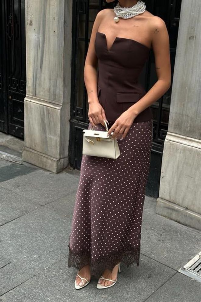 Sobe Istanbul جيبة بني ماكسي منقط بسحاب منتصف الخصر ملابس بالجملة كوكتيل