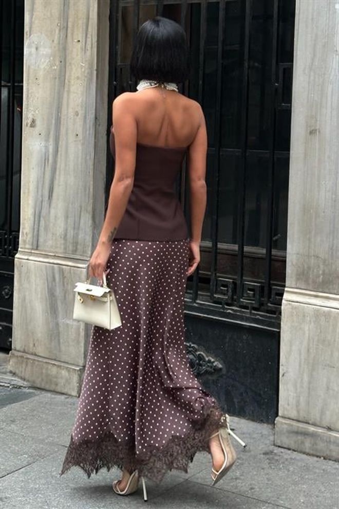 Sobe Istanbul جيبة بني ماكسي منقط بسحاب منتصف الخصر ملابس بالجملة ربيع
