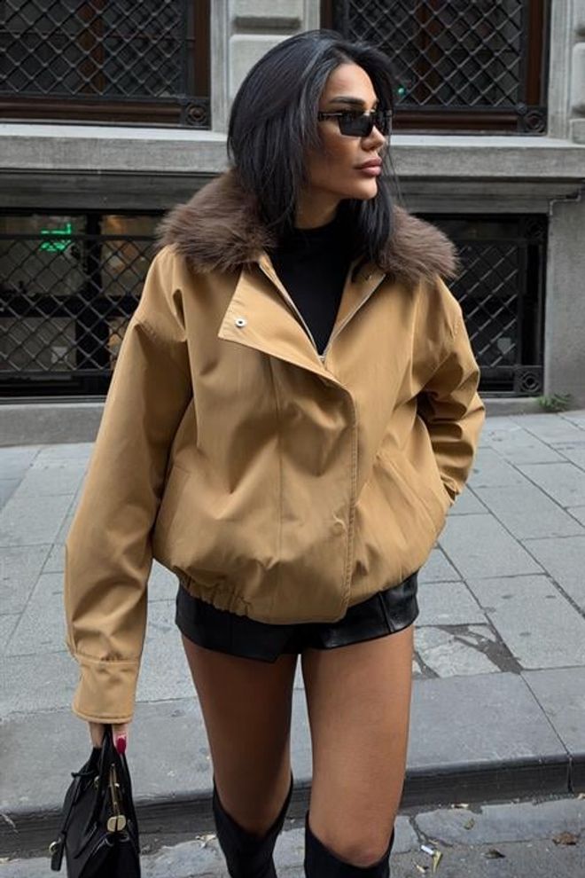 Sobe Istanbul Beige Bomber Jacket With Oversized Fit Wholesale Clothing Casual