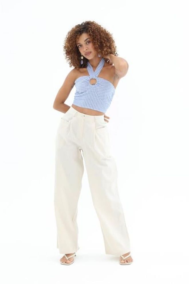 Sobe Istanbul Панталон Екрю Палацо С Висока Талия Широк Крачол С Копчета Дрехи на едро Небрежен