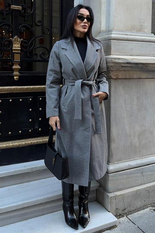 Sobe Istanbul Grau Eleganter Wrapover Mantel Großhandelskleidung Lässig