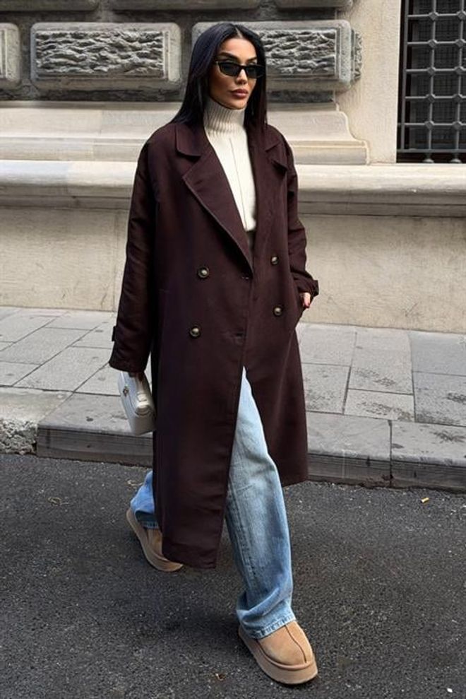 Sobe Istanbul Brauner Langer Zweireiher Mantel Mit Gekerbtem Kragen Großhandelskleidung Lässig