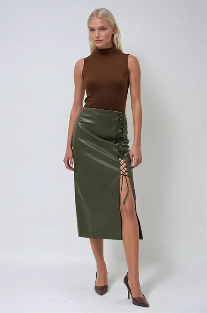 Sobe Istanbul جيبة أخضر أنيقة وجذابة خصر عالي دانتيل ميدي غير متماثل ملابس بالجملة جنسي