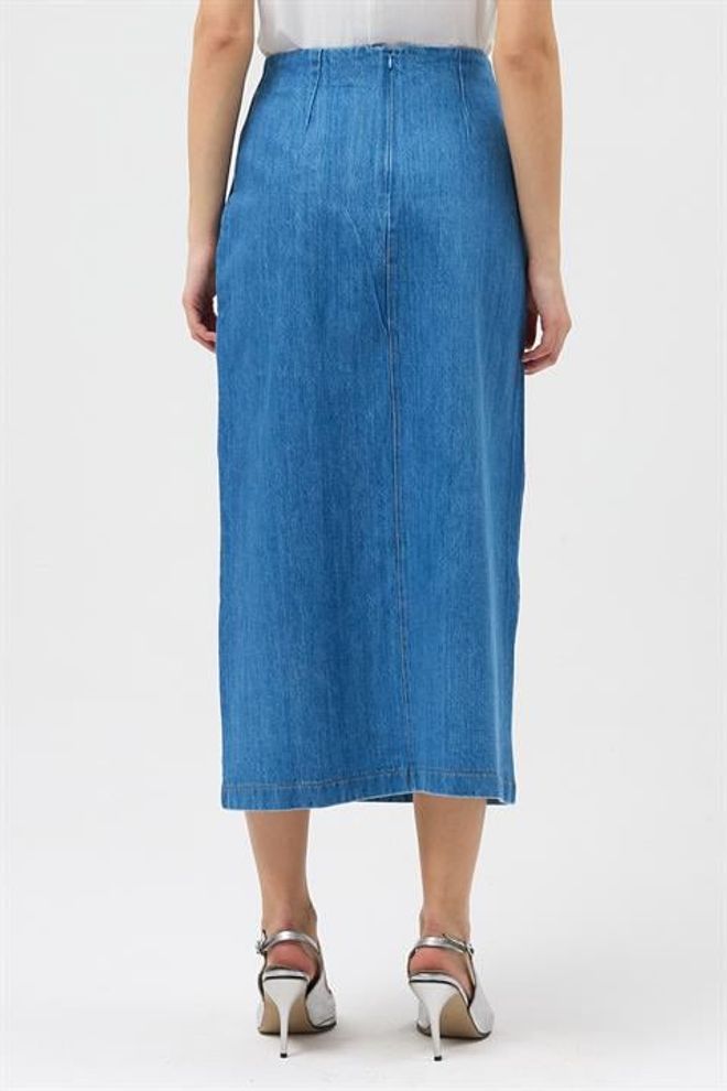 Sobe Istanbul جيبة أزرق عالية الخصر ميدي بشق ملابس بالجملة غير رسمي