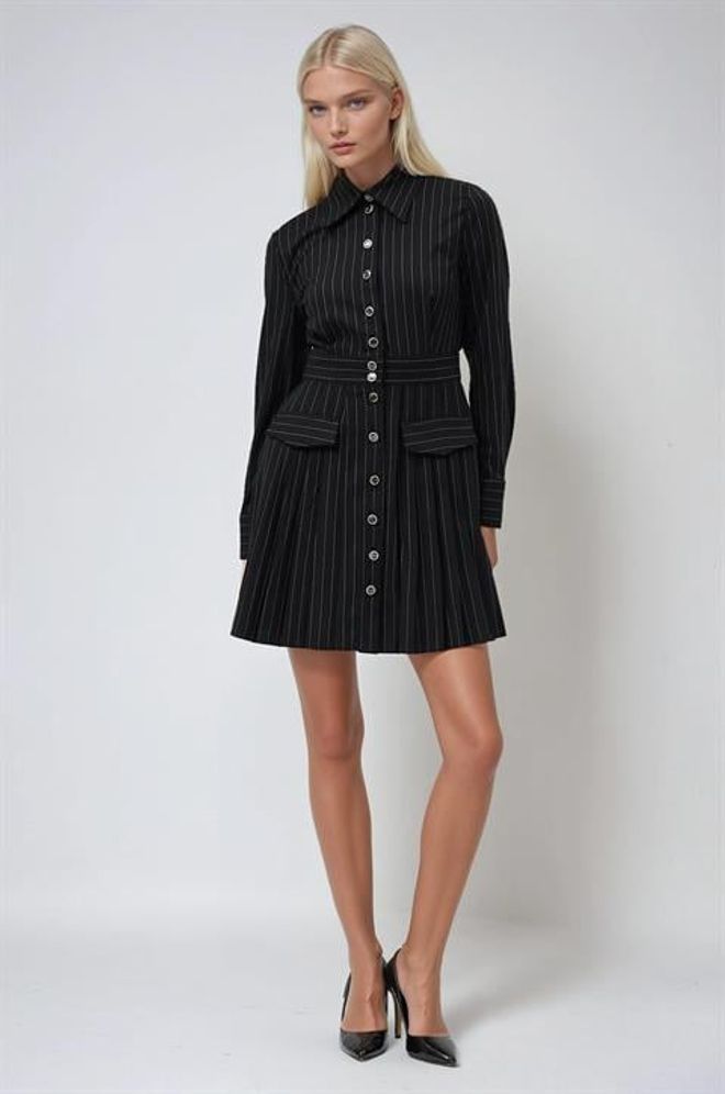 Sobe Istanbul Rochie Elegantă Formală Cămașă În Dungi Neagră Îmbrăcăminte cu ridicata Casual