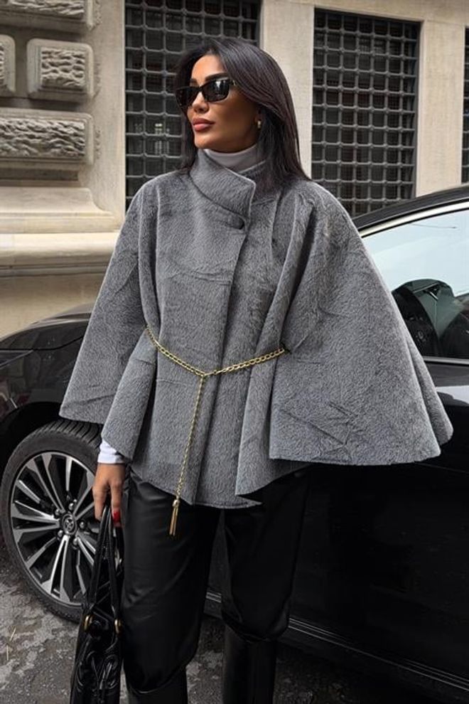 Sobe Istanbul Grey Elegant Oversized Poncho With High Neck Wholesale Clothing Casual