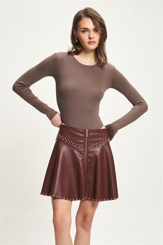 Sobe Istanbul Браон Мини Фларед Сукња Са Средњим Струком И Патентом Велепродаја одеће Неформалан