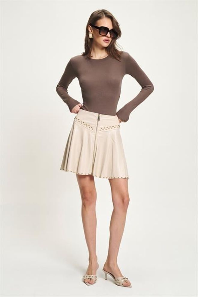 Sobe Istanbul Bej Yüksek Bel Flare Mini Etek Toptan Giyim Gündelik