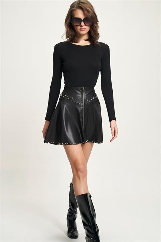 Sobe Istanbul Μαύρη Φούστα Μίνι Με Φαρδιά Γραμμή Και Ψηλόμεσο Χονδρικό εμπόριο ενδυμάτων Σέξι