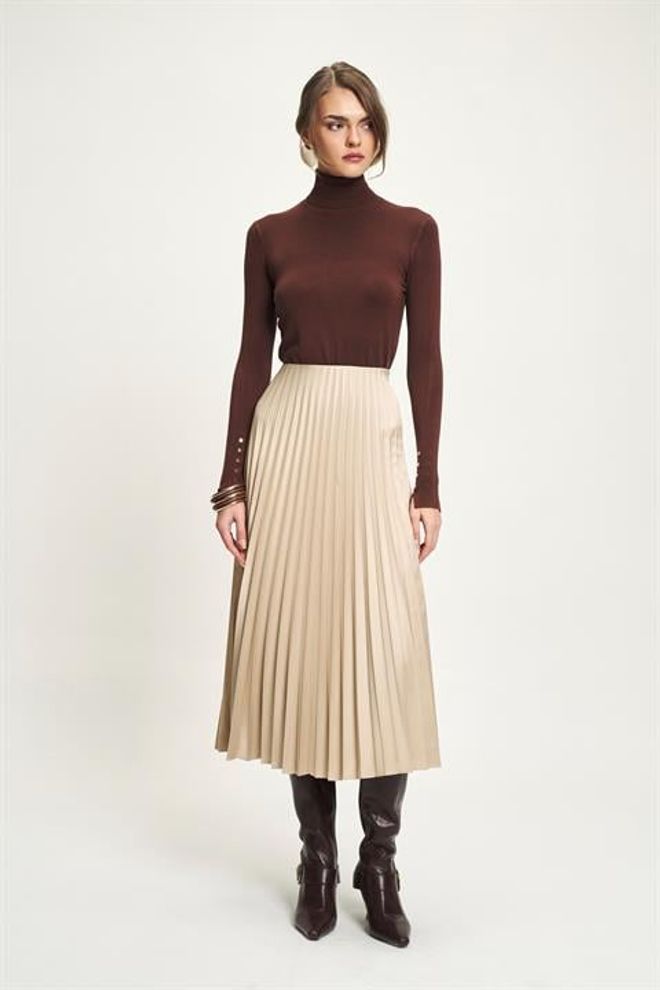 Sobe Istanbul Μπεζ Κομψή Πλισέ Midi Φούστα Ψηλόμεση Χονδρικό εμπόριο ενδυμάτων Απλό