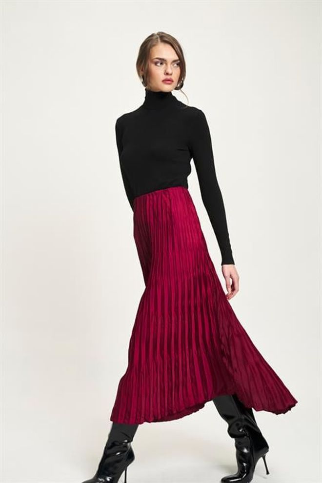 Sobe Istanbul Bordeauxroter Plissierter Maxi Rock Hoher Taille Elegant Formal Großhandelskleidung Jahrgang