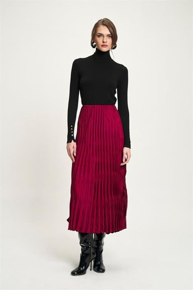 Sobe Istanbul Πλισέ Μάξι Φούστα Μπορντό Ψηλόμεση Κομψή Επίσημη Χονδρικό εμπόριο ενδυμάτων Εργασία